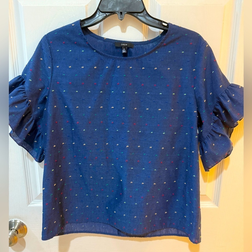 DREW Blue Ruffled Boxy Short Sleeve Blouse Ruffle Sleeve